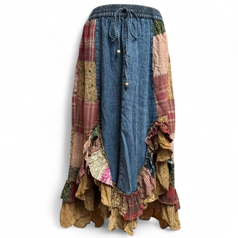 Young Threads denim and plaid patchwork ruffle maxi skirt